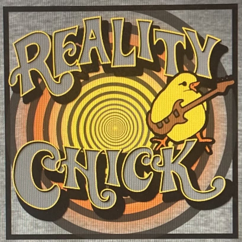 Reality Chick band logo — a chick playing a bass guitar over a psychedelic sunburst